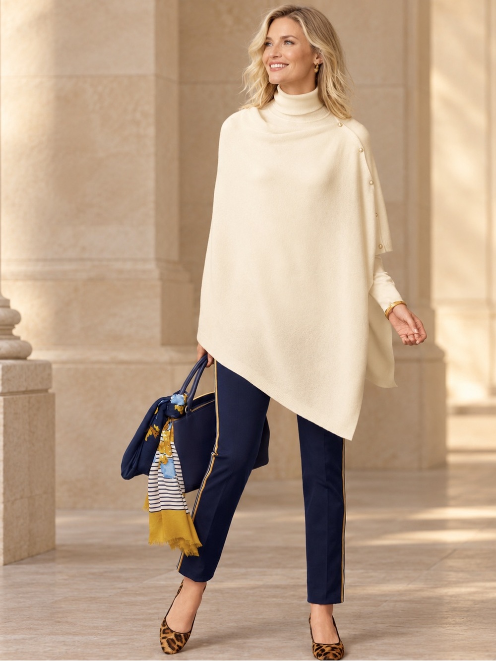 Talbots 100% Cashmere Pearl Button Poncho Ivory Size M/L NWT